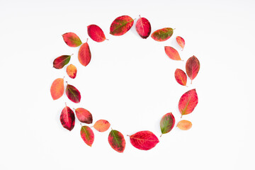 Autumn minimal composition. Wreath made of colorful red leaves on white  background. Fall leaves. Autumn background. Flat lay, top view, copy space