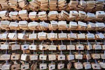 Ema, small wooden plaques, at the Meji Shrine in Harajuku in Tokyo, Japan, Asia
