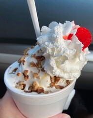 Turtle Sundae topped with a cherry