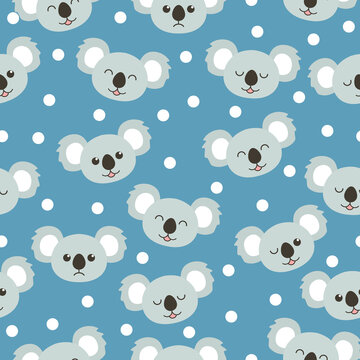 Seamless pattern cute koala winter background. Cartoon wild animal design vector illustration isolated on blue.