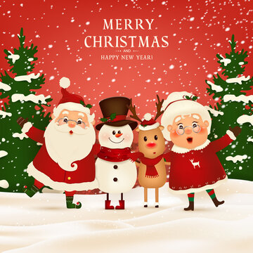 Merry Christmas. Happy new year. Funny Santa Claus with Mrs. Claus, red-nosed Reindeer, snowman in Christmas snow scene winter landscape. Mrs. Claus Together. Vector cartoon character of Santa Claus