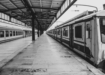 Empty, abandoned train station. Black and white