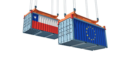 Freight containers with European Union and Chile flag. 3D Rendering 