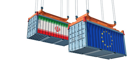 Freight containers with European Union and Iran flag. 3D Rendering 