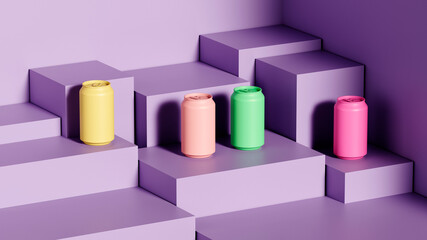 staging from multi-colored aluminum beverage cans on a cubicle stand, minimal concept, template or...