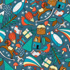 seamless pattern with New Year's penguins, birds, horses, cones, trees, houses, gifts, mountains. Winter, New Year!