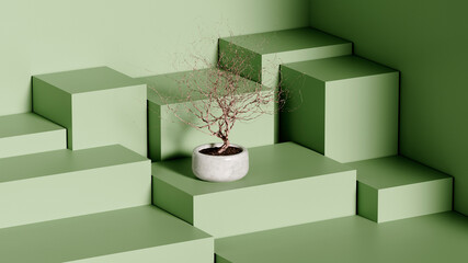 small decorative plant or tree in a flowerpot on a green stand, template or wallpaper, 3d rendering
