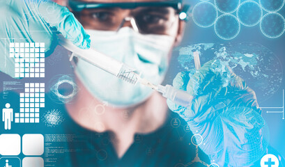 Doctor is preparing an injection. Medical modern hologram. Protective mask. Concept of working on drugs in a hospital laboratory. Focus on the syringe.