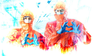 Obraz na płótnie Canvas Heart for a medic. Two medics dressed in protective suits show the shape of a heart with their hands. Support for health care in times of pandemic ahead of coronavirus second wave. Double exposure.