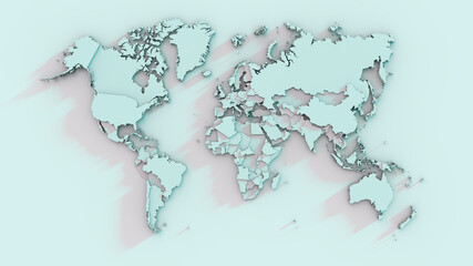 World map with raised continents and countries. 3d rendering