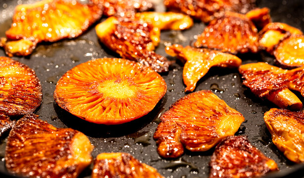 Fried saffron milk cap. Aromatic mushrooms fried in butter. Regional delicacy in the Polish mountains. Shallow depth of field.