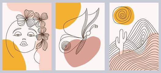 Fototapeta premium Set of creative hand painted one line abstract shapes. Minimalist vector icons: woman portrait, butterfly, mountains. For postcard, poster, poster, brochure, cover design, web.