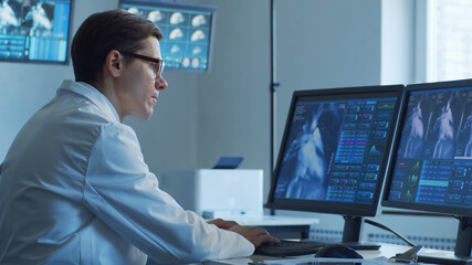 Professional medical doctors are maksing computer research in hospital office. Medicine, healthcare and cardiology concepts.