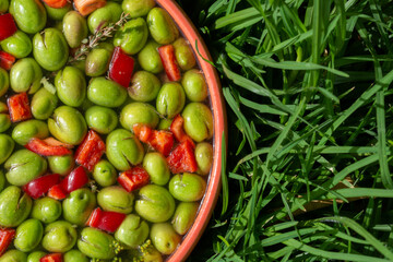 Bowl of freshly picked green olives seasoned with red pepper, fennel, garlic and thyme on a green grass background