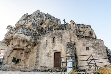 Fototapeta na wymiar Exterior of the Santa Maria de Idris cave church in Matera, Basilicata, Italy - Europe