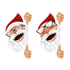 Funny cartoon Santa Claus in a red hat and glasses. Laughing and smiling Christmas character in traditional costume peeking from behind the vertical corner or a sign isolated on a white background