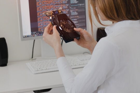 Electronics technology concept. Young woman online shopping gpu Graphics Proccesing Unit