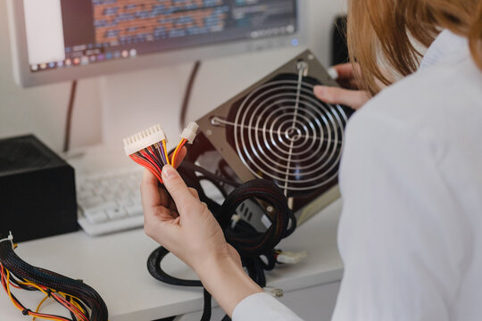 Power supply Electronics technology concept. Young woman online shopping Power supply white background room