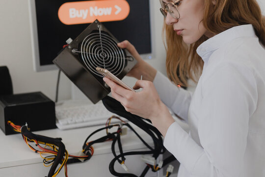 Power supply Electronics technology concept. Young woman online shopping Power supply white background room
