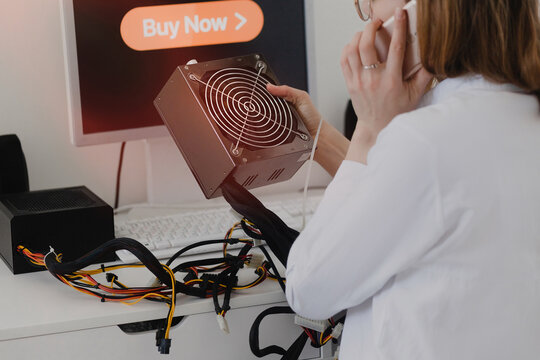 Power supply Electronics technology concept. Young woman online shopping Power supply white background room