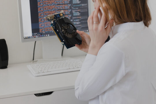 Electronics technology concept. Young woman online shopping gpu Graphics Proccesing Unit