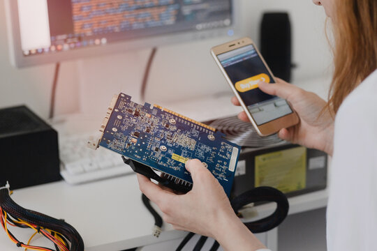 Electronics technology concept. Young woman online shopping gpu Graphics Proccesing Unit white background buy