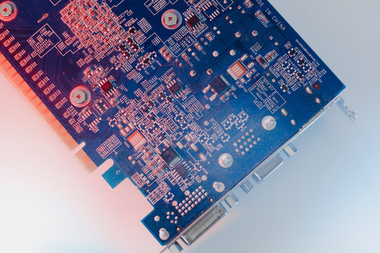 gpu Graphics Proccesing Unit white background on white background details macro blue red light