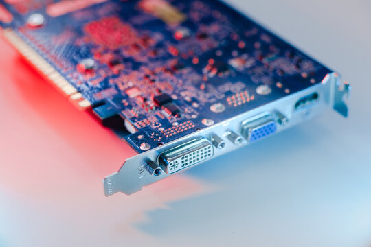 gpu Graphics Proccesing Unit white background on white background details macro blue red light