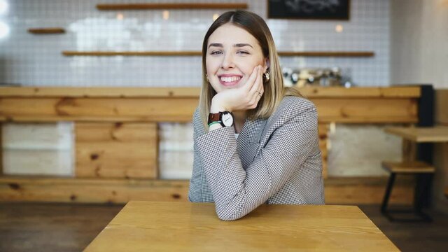 Young female candidate interviewed by employer. Portrait