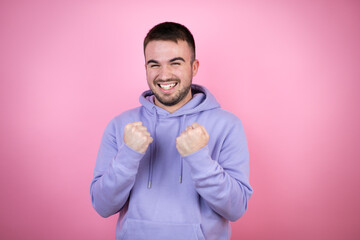 Young handsome man wearing casual sweatshirt over isolated pink background very happy and excited making winner gesture with raised arms, smiling and screaming for success.