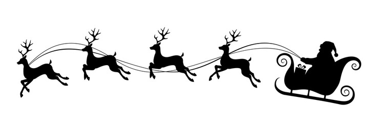Vector Christmas black and white illustration with Santa Claus riding his sleigh pulled by reindeers. - obrazy, fototapety, plakaty