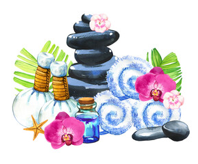 SPA watercolor illustrations with a variety of means for body and face: towel, flower, massage bags, stones, oil, palm leaves, lotion. Cosmetics for woman. Relaxation in salon