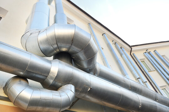  Air Chiller Pipeline and HVAC System of Department Store, Overhead Building Structure of Air Conditioning Chiller Pipe and Outlet Cooling Systems. Insulation Cover for Piping of Industrail Equipment