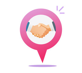 Partnership success deal handshake map pin pointer marker vector sign, partners hands shake icon location flat cartoon logo idea, concept of meeting place office location point modern design