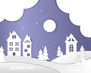 Fototapeta na wymiar Paper cutting winter illustration with houses and trees