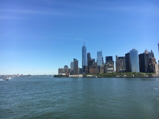 Scenic view of the New York Manhattan skyline seen from the ferry boat.