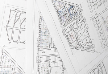 Architectural design, drawings, drawings are lying on the table. Construction Fund, engineering tools. top view