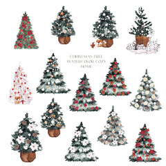 Watercolor winter illustrations with Christmas tree, isolated on white background