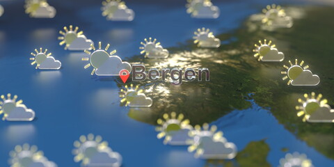 Partly cloudy weather icons near Bergen city on the map, weather forecast related 3D rendering