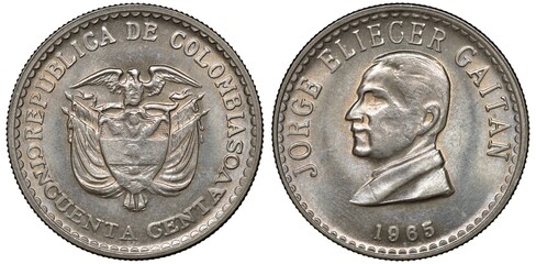 Colombia Colombian coin 50 fifty centavos 1965, subject politician and statesman Jorge Gaitan,...
