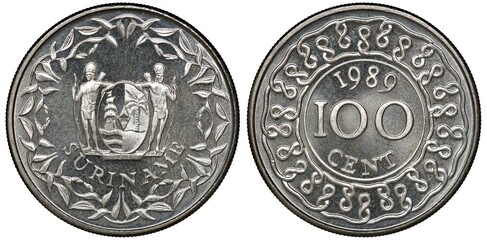 Suriname Surinamese coin 100 one hundred cents 1989, shield with supporters within wreath, value...