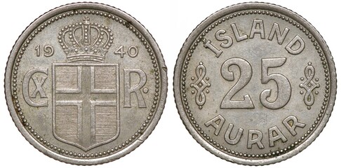 Iceland Icelandic coin 25 twenty five aurar 1940, Danish Administration, crowned shield with cross divides monogram of King Christian X, date above, value between vignettes, 