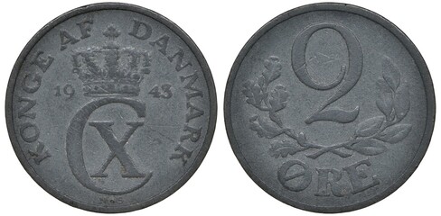 Denmark Danish zinc coin 2 two ore 1943, German occupation, crowned monogram of King Christian X divides dates, date above, value above crossed sprigs, 