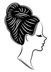 Silhouette of a profile of a sweet lady's head. The girl shows a female hairstyle on medium and long hair. Suitable for logo, advertising. Vector illustration.