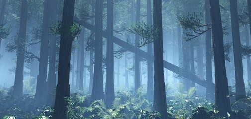 Old forest in the morning in the fog, windbreak in the haze, trees in the smoke, 3D rendering