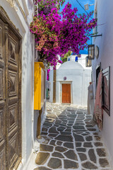 Traditional Cycladitic alley with narrow street, whitewashed church with a blue dome and a blooming bougainvillea flowers in Naousa  Paros island, Greece