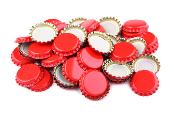 Red bottle caps isolated on white background