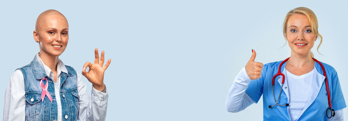 Healthcare, medicine concept. Woman breast cancer survivor and smiling medical doctor with...