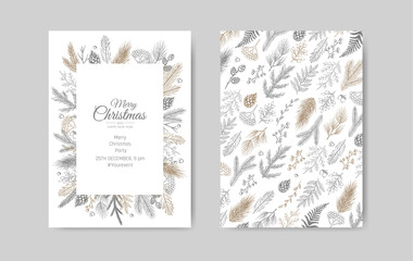 Merry Christmas greeting card with new years tree. Vector holiday illustration.