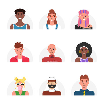 Vector illustration of avatars for online users. Flat set with portraits of multicultural people isolated. Modern cartoon collection of female and male human faces. Icons for social networks account